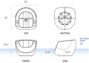 Technical drawings of TenJam Moon chair with dimensions labeled on a white background