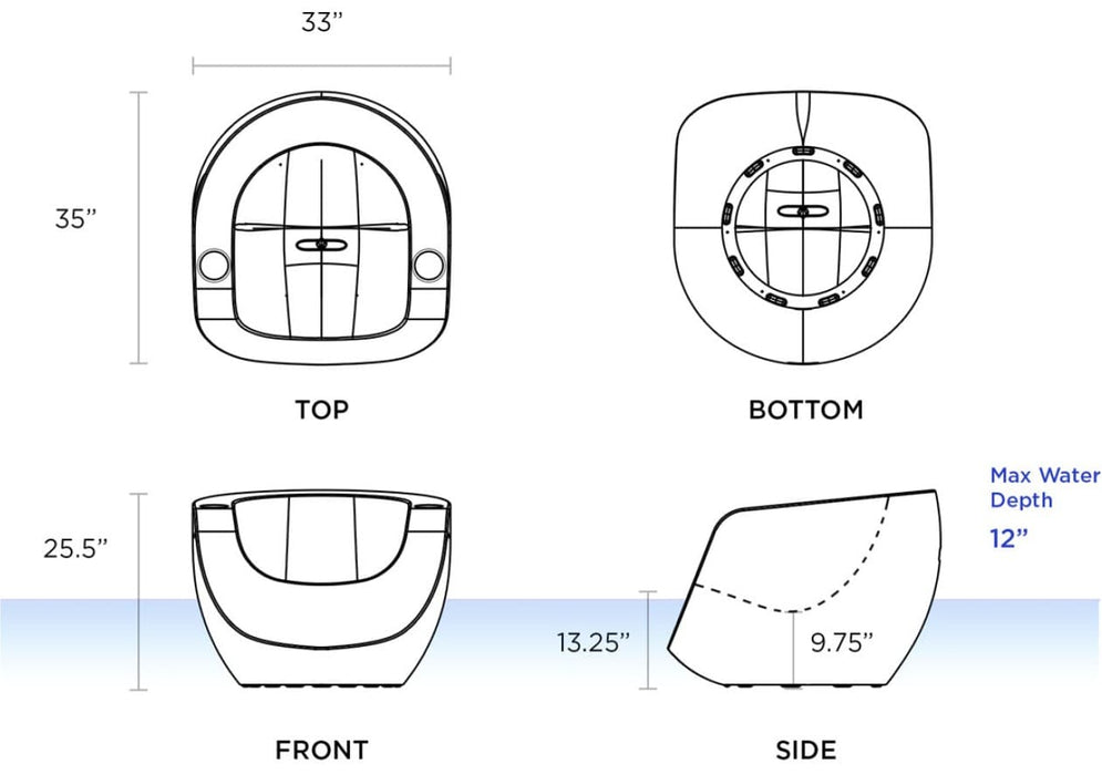 Technical drawings of TenJam Moon chair with dimensions labeled on a white background