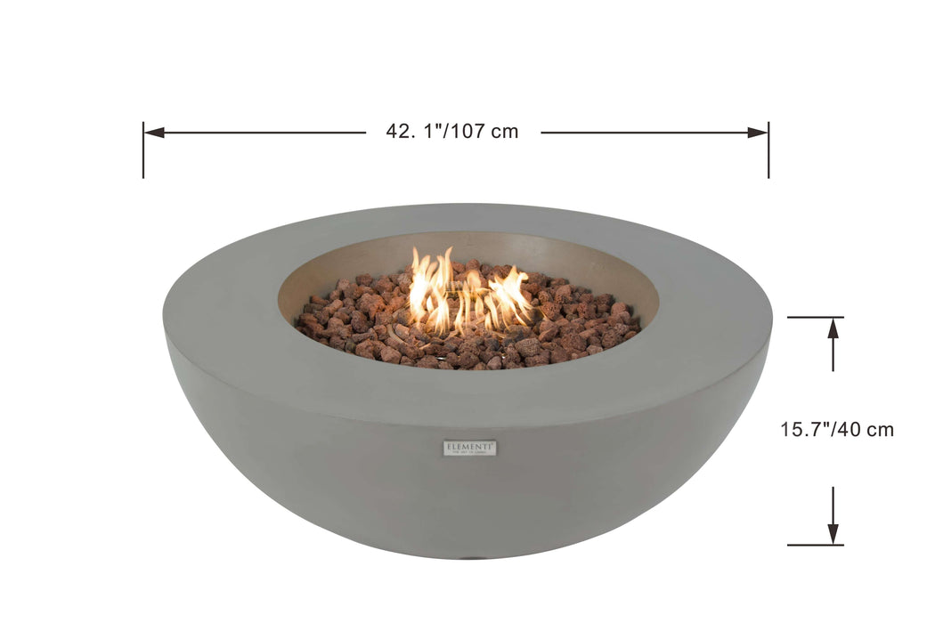 Lunar Bowl fire pit with flames and dimensions labeled on a white background