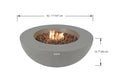 Lunar Bowl fire pit with flames and dimensions labeled on a white background