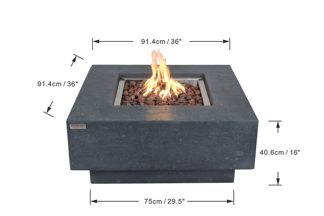 Elementi Manhattan Fire pit with dimensions labeled on a white back