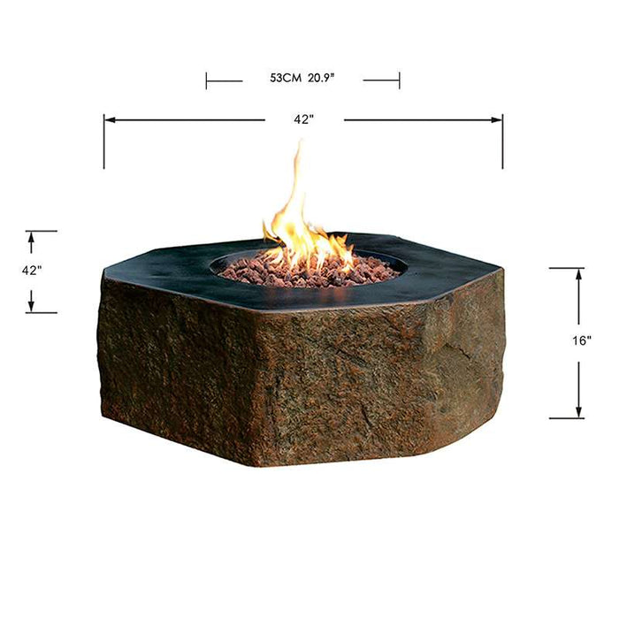 Elementi Columbia Hexagonal stone fire pit with flames, dimensions labeled on a white background
