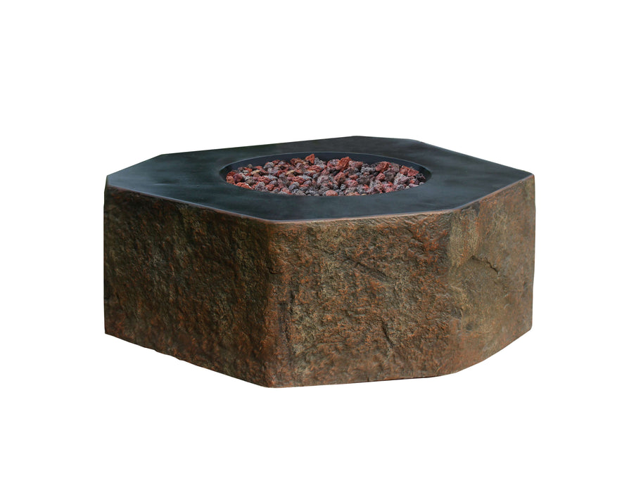 Hexagonal stone Columbia fire pit by Elementi on a white background