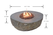 Elementi Boulder fire pit table with flames and dimensions labeled on a white background