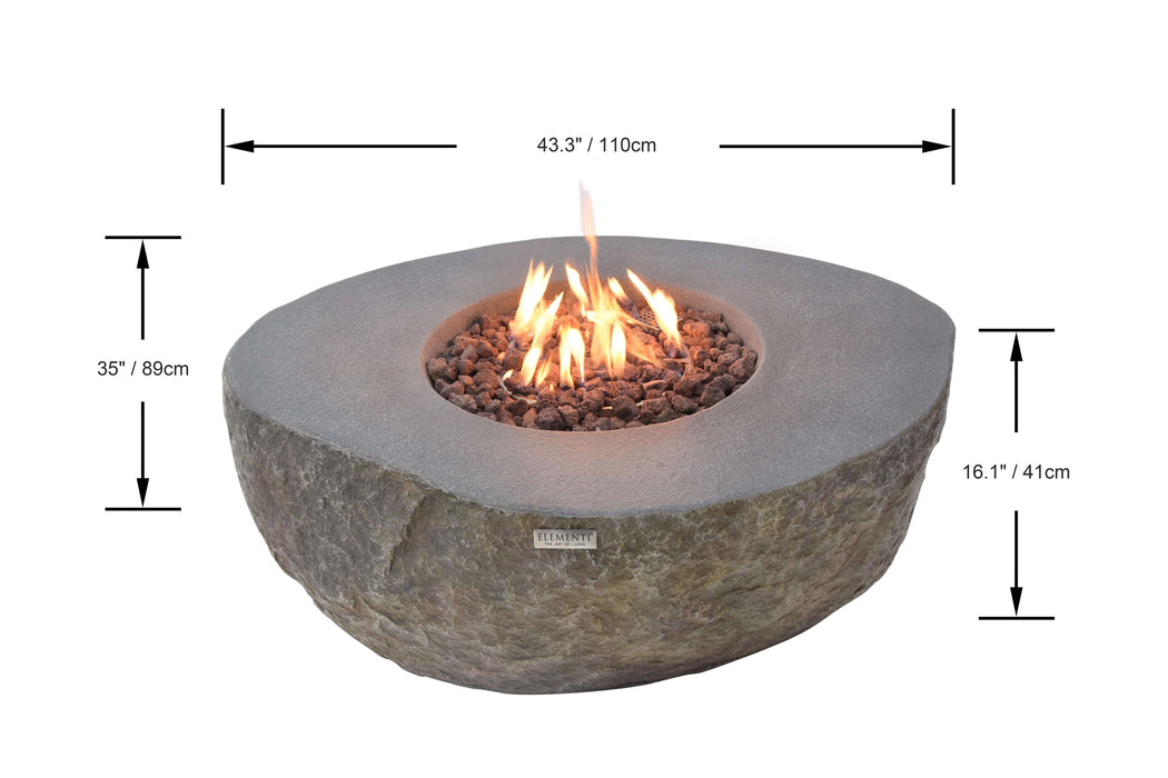 Elementi Boulder fire pit table with flames and dimensions labeled on a white background