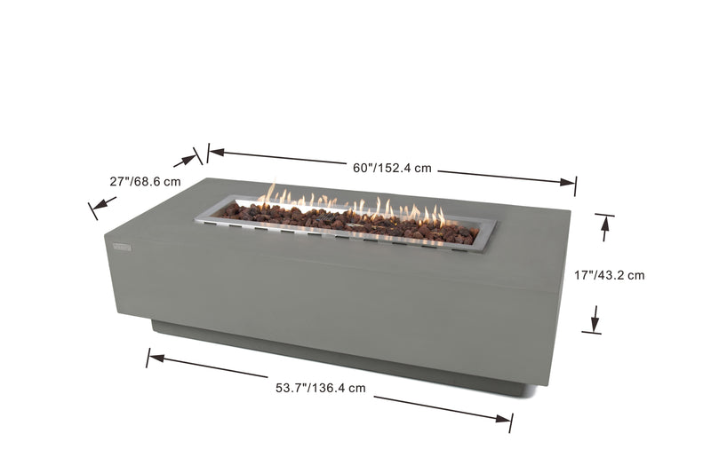Light Gray Granville Fire Table shown on a white background with measurements