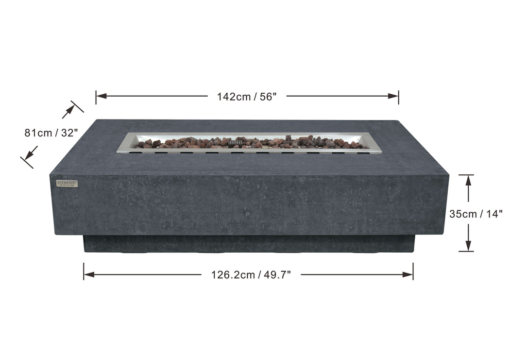 Hampton fire pit table with dimensions labeled on a white background