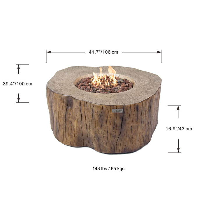 Wooden fire pit table with measurements on a white background