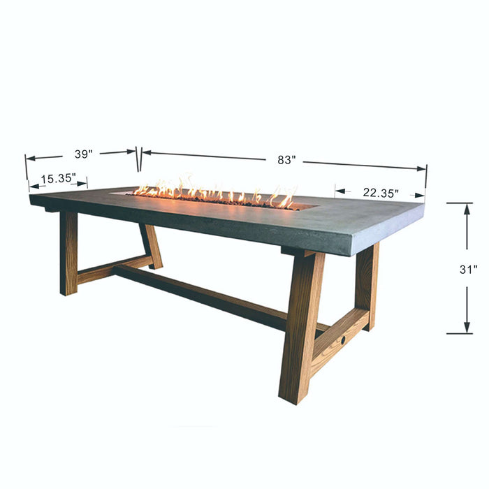 Outdoor Elementi Sonoma fire table with dimensions displayed on a white background