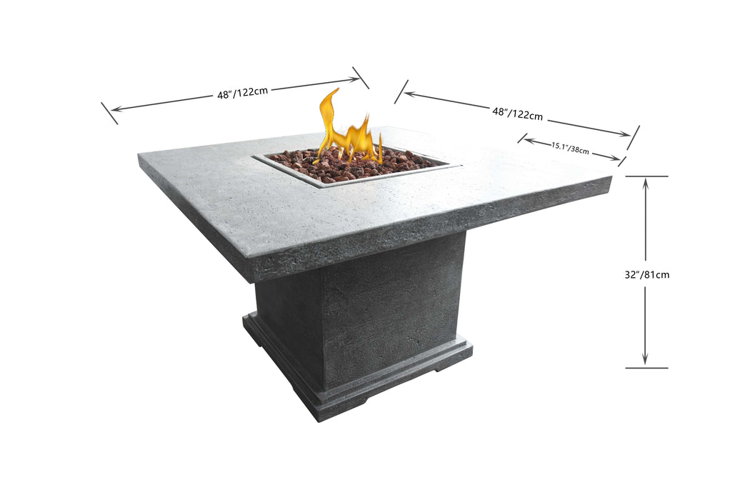 Elementi Birmingham Fire pit table with dimensions labeled on a white background