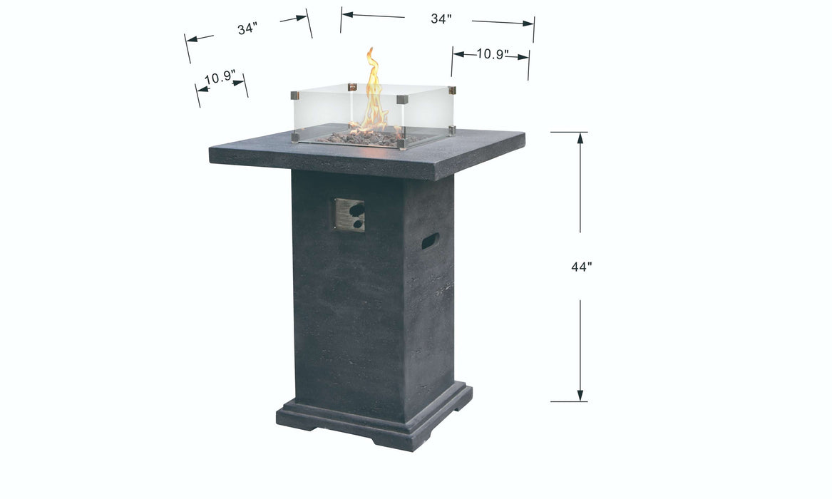Outdoor Elementi Montreal fire table with dimensions on a white background