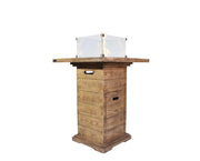 Wooden Elementi Rova fire pit with glass cover on a white background