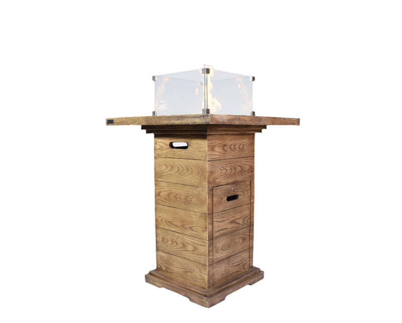Wooden Elementi Rova fire pit with glass cover on a white background