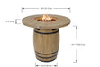 Elementi Lafite fire pit table made from a wooden barrel with dimensions displayed