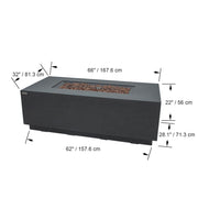 Rectangular Andes fire pit table with dimensions labeled on a white background