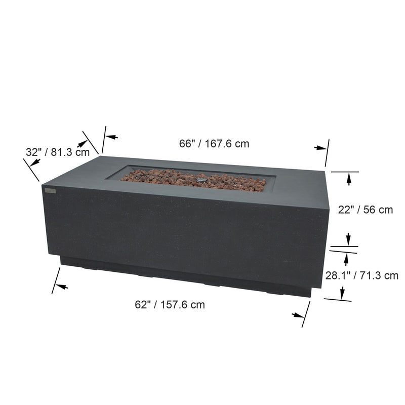 Rectangular Andes fire pit table with dimensions labeled on a white background