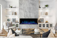 Modern living room with a marble fireplace and white shelves.
