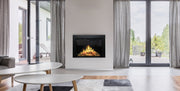 Modern living room with a Modern Flames Traditional electric fireplace, white walls, and large windows.