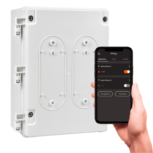 Bromic Smart controls device with a smartphone displaying Bromic app interface on a white background