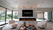 Modern living room with a fireplace and television displaying 'Modern Flames'.