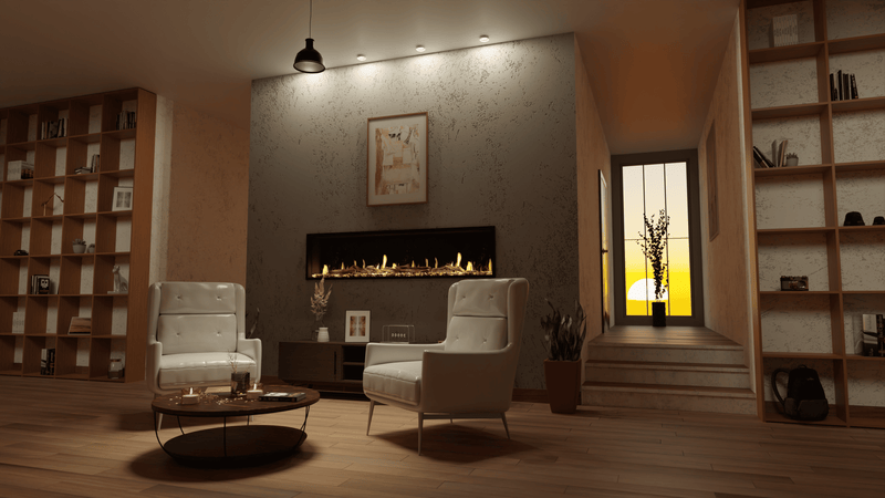 Modern living room with bookshelves, chairs, and a fireplace.