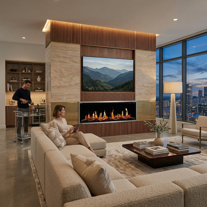 Modern living room with a Orion V2 fireplace, TV, and city view
