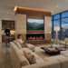 Modern living room with a Orion V2 fireplace, TV, and city view