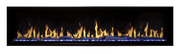 Artificial fireplace with flames and blue base on a black background