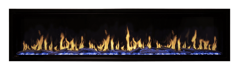 Artificial fireplace with flames and blue base on a black background