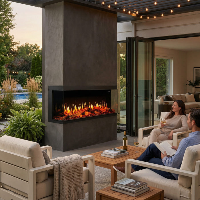 People sitting around an outdoor 3 sided Orion fireplace with a pool and garden in the background