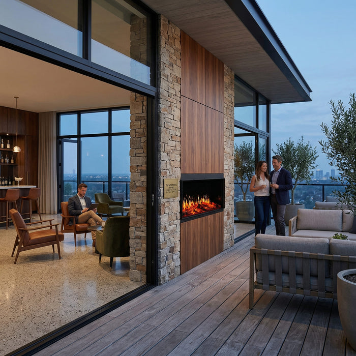 Modern outdoor living space with a fireplace and people socializing.