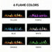 Six different flame color options displayed on a white background.