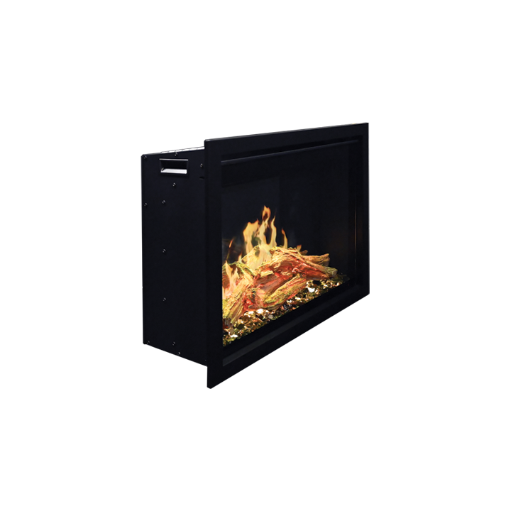 Black Modern Flames fireplace insert with flames and logs on a white background