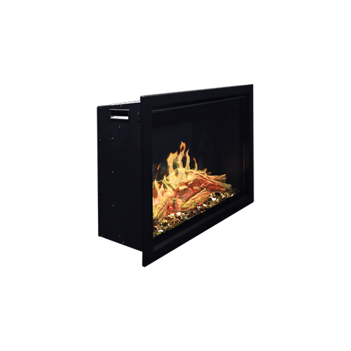 Black Modern Flames fireplace insert with flames and logs on a white background