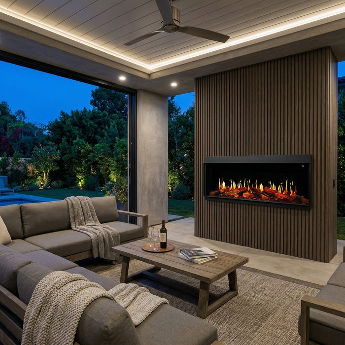 Modern outdoor living space with a fireplace, couch, and coffee table.