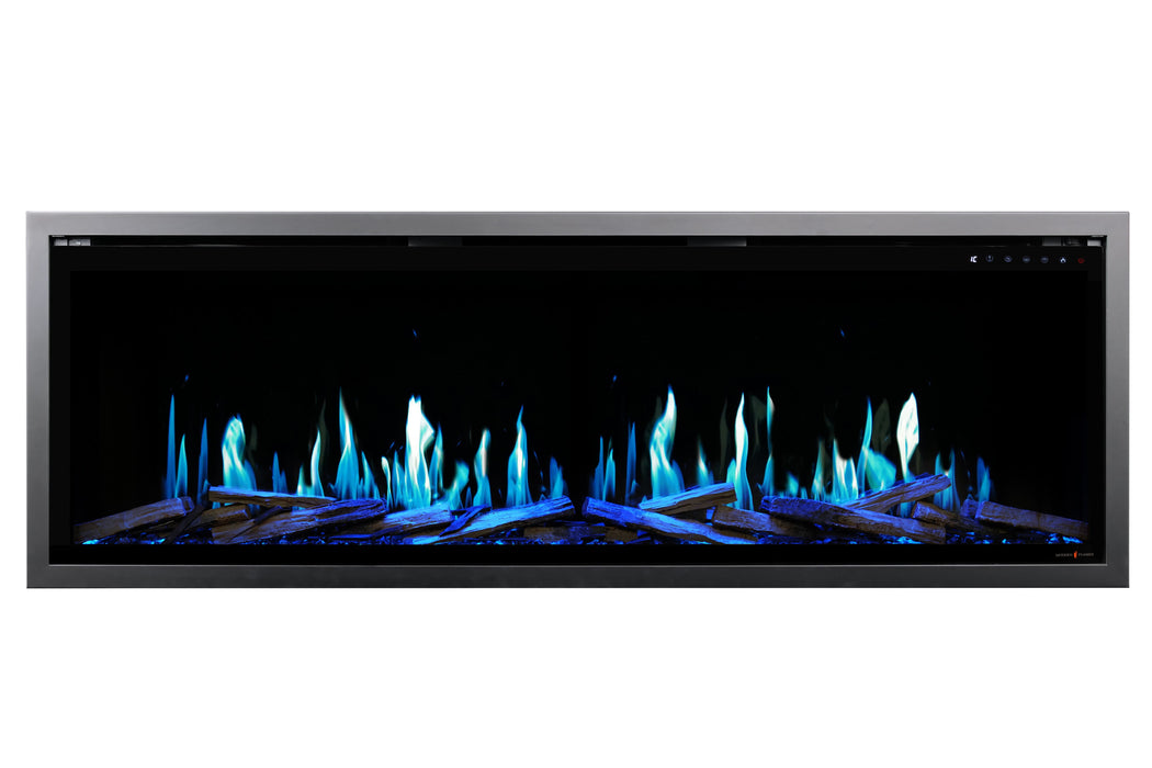 Electric Orion V2 Slim fireplace with blue flames on a white background