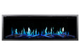 Electric Orion V2 Slim fireplace with blue flames on a white background