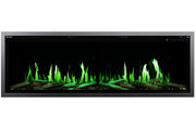 Rectangular electronic Orion V2 Slim fireplace display with green flames on a white background