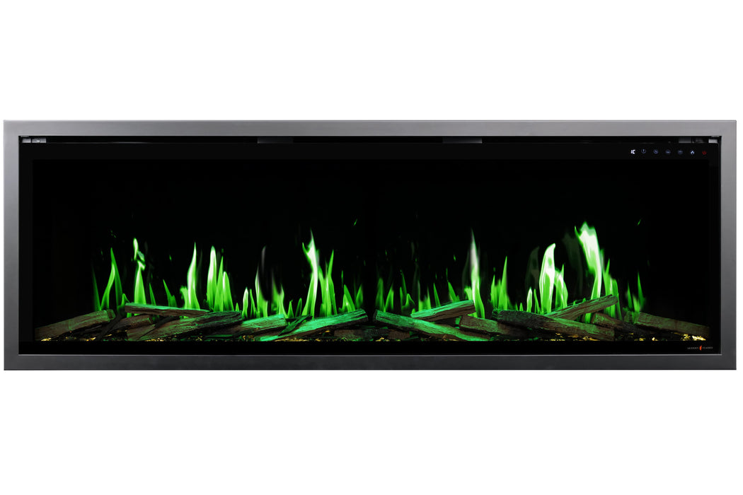 Rectangular electronic Orion V2 Slim fireplace display with green flames on a white background