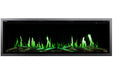 Rectangular electronic Orion V2 Slim fireplace display with green flames on a white background