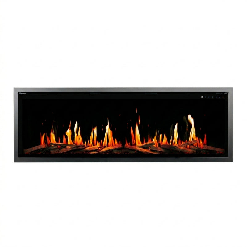 Electric Orion V2 Slim fireplace with glowing flames on a white background