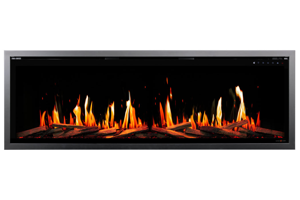 Electric Orion V2 Slim fireplace with glowing flames on a white background