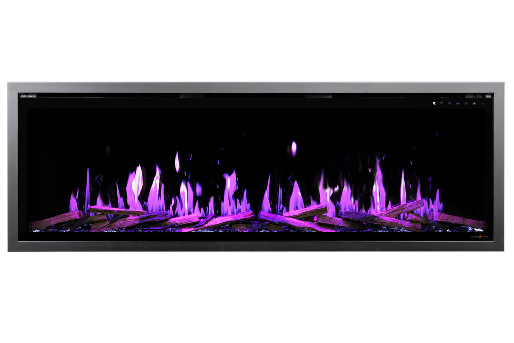 Panoramic view of a Orion V2 Slim fireplace with glowing purple flames on a white background