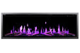 Panoramic view of a Orion V2 Slim fireplace with glowing purple flames on a white background