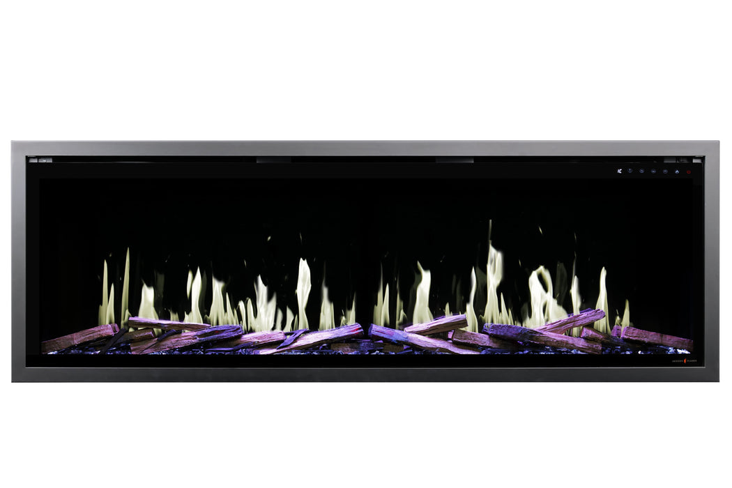 Electric Orion V2 Slim fireplace insert with glowing flames on a white background