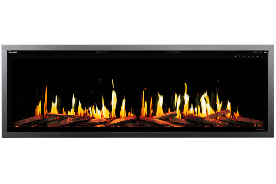 Electric Orion V2 Slim fireplace with glowing logs on a white background