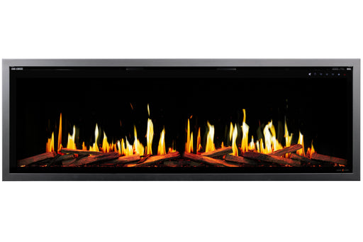 Electric Orion V2 Slim fireplace with glowing logs on a white background