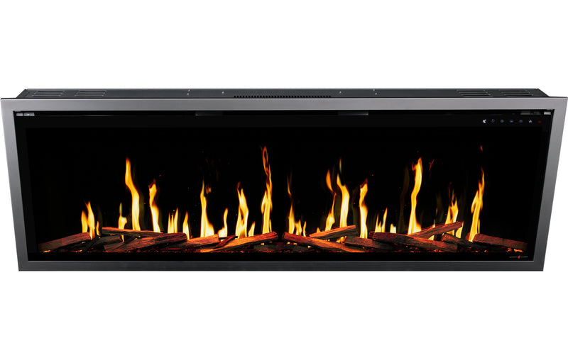 Electric Orion V2 Slim fireplace insert with glowing flames on a white background