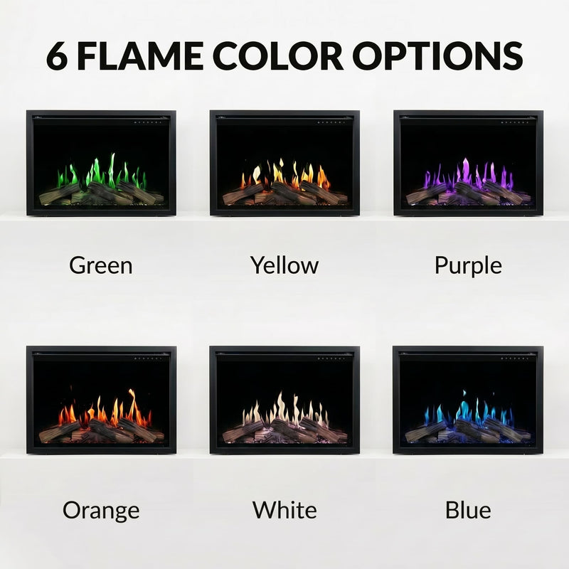 Six different flame color options displayed on a white background.