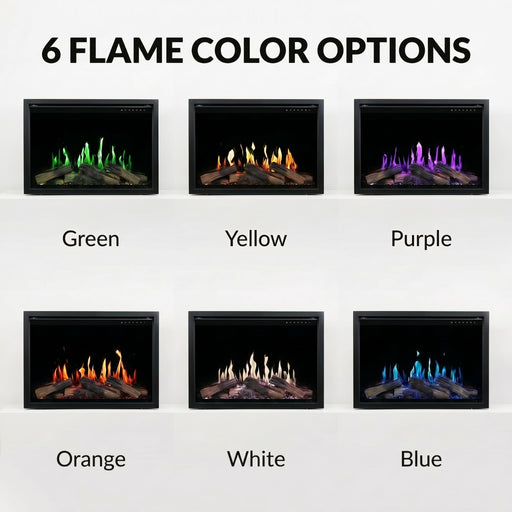Six different flame color options displayed on a white background.
